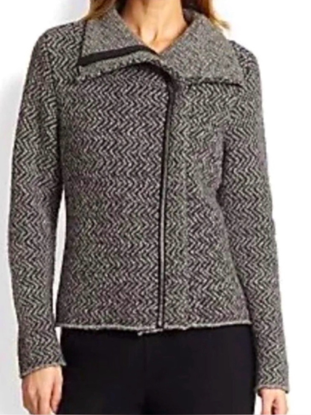 Eileen Fisher Wool Alpaca Leather Trim Herringbone Moto Jacket Size XL
